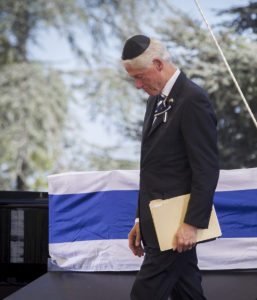 Former US President Bill Clinton seen at the State funeral ceremony Former Israeli President Shimon Peres at Mount Herzl, in Jerusalem, on September 30, 2016. Peres was hospitalized in the Sheba Medical Centre on  September 13, 2016, after suffering a stroke, and passed 2 days ago at the age of 93. Photo by Miriam Alster/Flash90